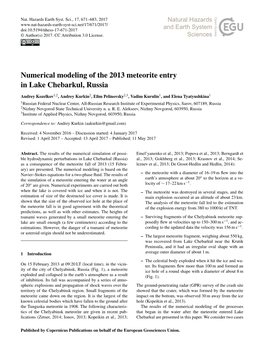 Numerical Modeling of the 2013 Meteorite Entry in Lake Chebarkul, Russia