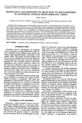 Resistance and Response to Selection to Deltamethrin Tn Anopheles S/Nens/S from Zhejiang