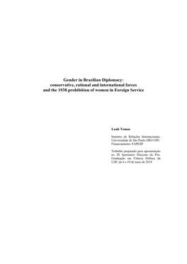 Gender in Brazilian Diplomacy: Conservative, Rational and International Forces and the 1938 Prohibition of Women in Foreign Service