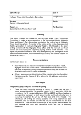 Report Of: for Decision Superintendent of Hampstead Heath