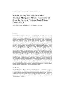 Natural History and Conservation of Brazilian Merganser Mergus Octosetaceus at Serra Da Canastra National Park, Minas Gerais, Brazil