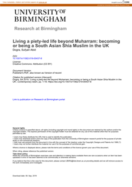 Living a Piety-Led Life Beyond Muharram: Becoming Or Being a South Asian Shia Muslim in the UK Dogra, Sufyan Abid