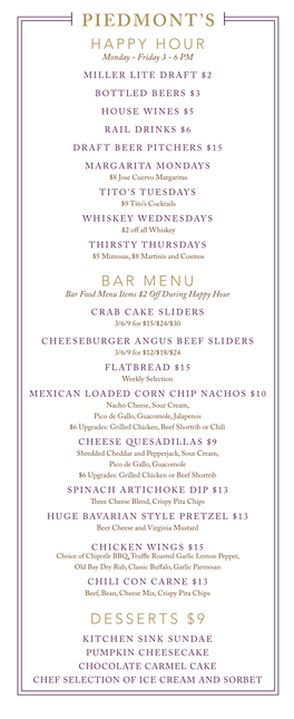 Happy Hour Bar Menu Desserts $9