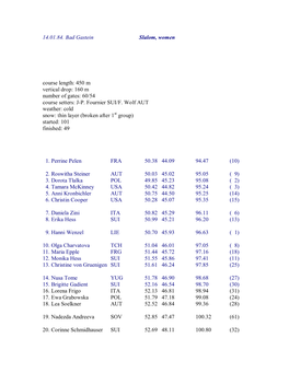 14.01.84. Bad Gastein Slalom, Women Course Length: 450 M Vertical Drop: 160 M Number of Gates: 60/54 Course Setters: J-P. Fourn