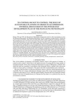 The Role of Sustainable Planning in Order to Accommodate Informal Brickyards in the Integrated Development Plan of the Mangaung Municipality