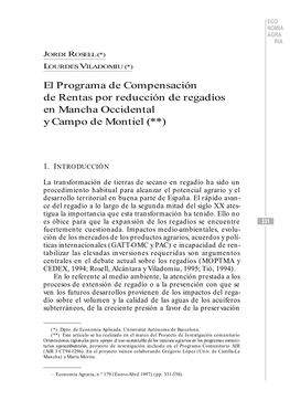 El Programa De Compensación De Rentas Por Reducción De Regadíos En Mancha Occidental Y Campo De Montiel (**)