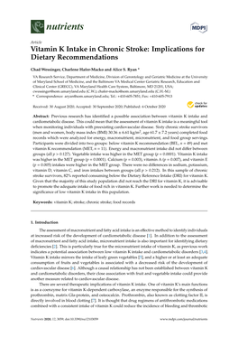 Vitamin K Intake in Chronic Stroke: Implications for Dietary Recommendations