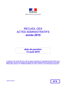 Recueil N° 8 Du 13 Août 2010