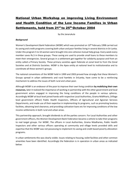 National Urban Workshop on Improving Living Environment and Health Condition of the Low Income Families in Urban Settlements, Held from 21St to 25Th October 2004