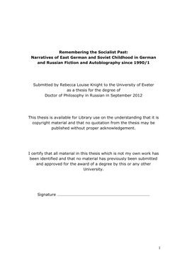 Remembering the Socialist Past: Narratives of East German and Soviet Childhood in German and Russian Fiction and Autobiography Since 1990/1