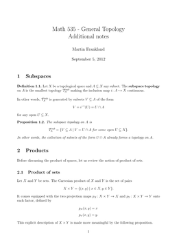 Math 535 - General Topology Additional Notes