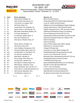 2019 ENTRY LIST TA / SGT / GT National Championship – Daytona International Speedway Daytona Beach, Florida – November 14 – 16, 2019