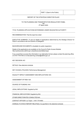 PART 1 (Open to the Public) REPORT of the STRATEGIC DIRECTOR PLACE to the PLANNING and TRANSPORTATION REGULATORY PANEL on 5Th M