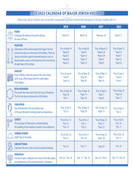 2019-2022 Calendar of Major Jewish Holidays