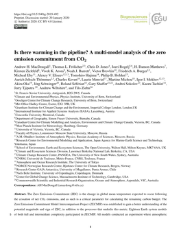 Is There Warming in the Pipeline? a Multi-Model Analysis of the Zero Emission Commitment from CO2 Andrew H