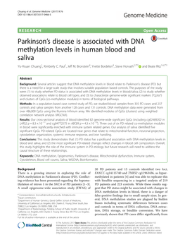 Parkinson's Disease Is Associated with DNA Methylation Levels in Human