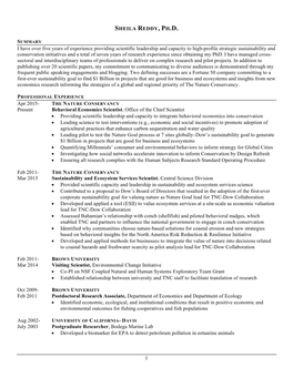 1 SHEILA REDDY, PH.D. I Have Over Five Years of Experience Providing Scientific Leadership and Capacity to High-Profile Strategi