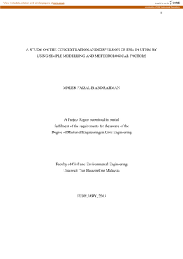 A Study on the Concentration and Dispersion of Pm10 in Uthm by Using Simple Modelling and Meteorological Factors