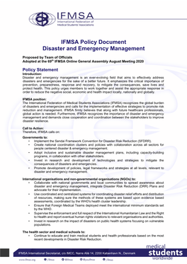 IFMSA Policy Document Disaster and Emergency Management