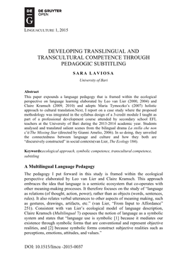 Developing Translingual and Transcultural Competence Through Pedagogic Subtitling