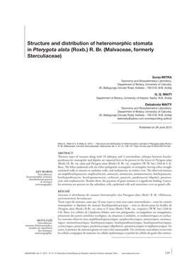 Structure and Distribution of Heteromorphic Stomata in Pterygota Alata (Roxb.) R. Br. (Malvaceae, Formerly Sterculiaceae)