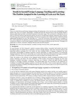 Trends in Second/Foreign Language Teaching and Learning: the Position Assigned to the Learning of Lexis Over the Years