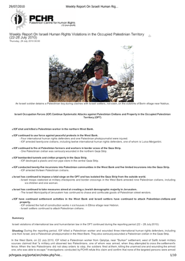 Weekly Report on Israeli Human Rights Violations in the Occupied Palestinian Territory (22-28 July 2010) Thursday, 29 July 2010 00:00