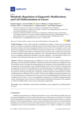 Metabolic Regulation of Epigenetic Modifications and Cell