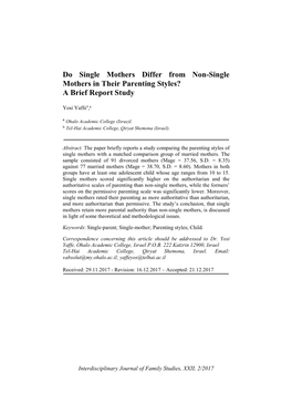 Do Single Mothers Differ from Non-Single Mothers in Their Parenting Styles? a Brief Report Study