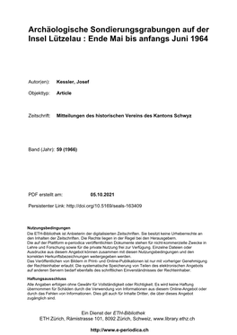 Archäologische Sondierungsgrabungen Auf Der Insel Lützelau : Ende Mai Bis Anfangs Juni 1964