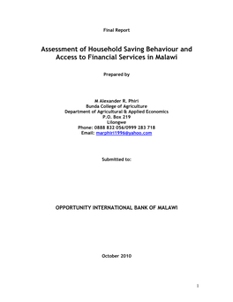 Assessment of Household Saving Behaviour and Access to Financial Services in Malawi