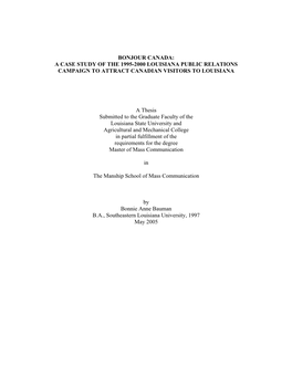 A Case Study of the 1995-2000 Louisiana Public Relations Campaign to Attract Canadian Visitors to Louisiana