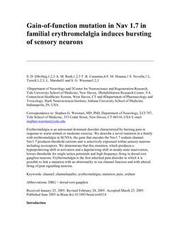 Gain-Of-Function Mutation in Nav 1.7 in Familial Erythromelalgia Induces Bursting of Sensory Neurons