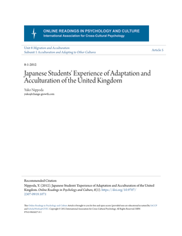 Japanese Students' Experience of Adaptation and Acculturation of the United Kingdom Yuko Nippoda Yuko@Change-Growth.Com