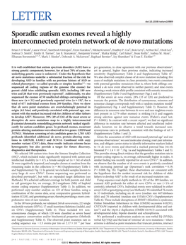 Sporadic Autism Exomes Reveal a Highly Interconnected Protein Network of De Novo Mutations