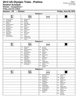 Rotation Schedule At: 1:01 PM Women - Competition I Friday, June 29, 5:30Pm Session: 1W -- Women Friday, June 29, 2012 Rotation 1