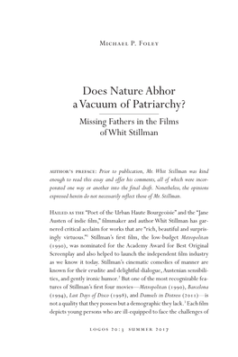 Does Nature Abhor a Vacuum of Patriarchy? Missing Fathers in the Films of Whit Stillman