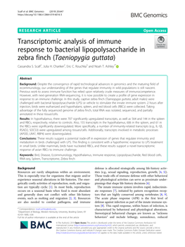 Transcriptomic Analysis of Immune Response to Bacterial Lipopolysaccharide in Zebra Finch (Taeniopygia Guttata) Cassandra S