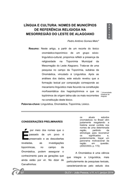 Nomes De Municípios De Referência Religiosa Na Mesorregião Do Leste