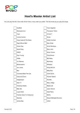 Host's Master Artist List
