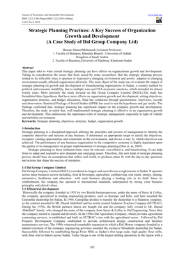 Strategic Planning Practices: a Key Success of Organization Growth and Development (A Case Study of Dal Group Company Ltd)