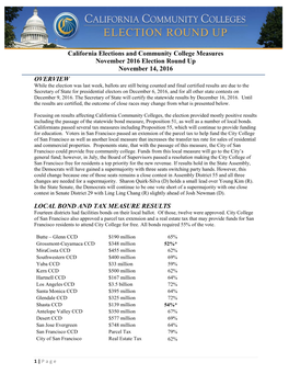 California Elections and Community College Measures November 2016 Election Round up November 14, 2016