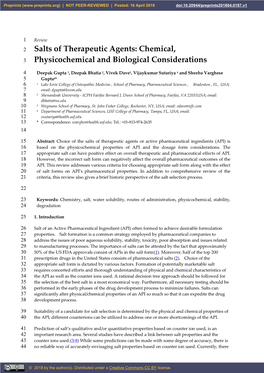 Salts of Therapeutic Agents: Chemical, Physicochemical and Biological