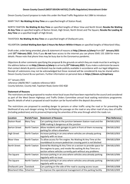 (Traffic Regulation) Amendment Order Devon County Council Propose To