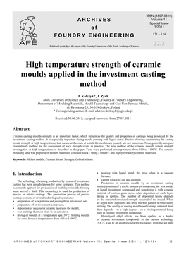 High Temperature Strength of Ceramic Moulds Applied in the Investment Casting Method