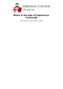 Music in the Age of Copernicus Transcript