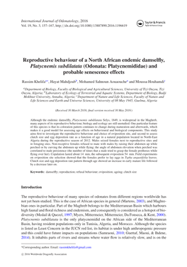 Reproductive Behaviour of a North African Endemic Damselfly, Platycnemis Subdilatata