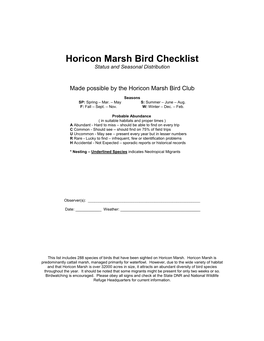 Horicon Marsh Bird Checklist Status and Seasonal Distribution