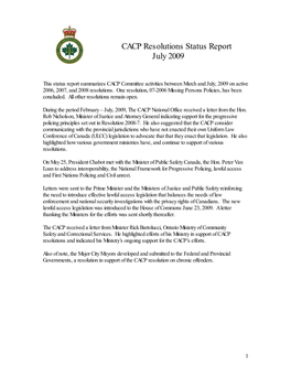 CACP Resolutions Status Report July 2009