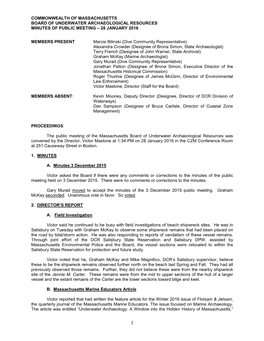 Commonwealth of Massachusetts Board of Underwater Archaeological Resources Minutes of Public Meeting – 28 January 2016